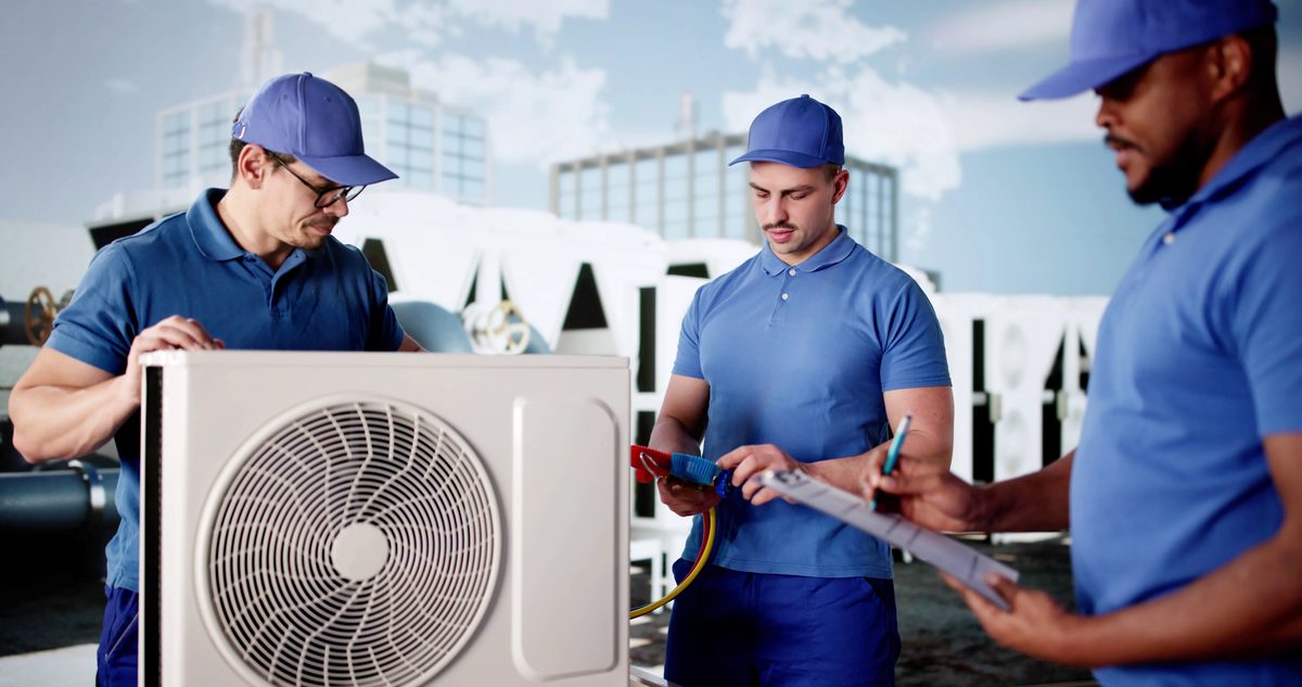 HVAC technicians servicing an outdoor air-conditioning condenser unit